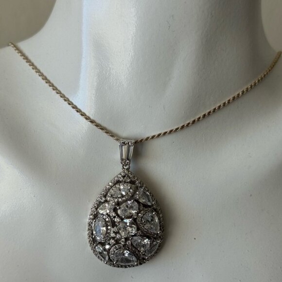 FZN 925 Sterling Silver Necklace w Filigree Teardrop Crystals Pendant 13" long - Picture 2 of 16